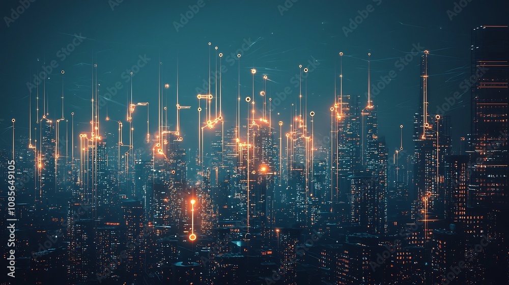 Fototapeta premium Futuristic City Skyline with AI Powered Neural Network Structures and Glowing Pathways