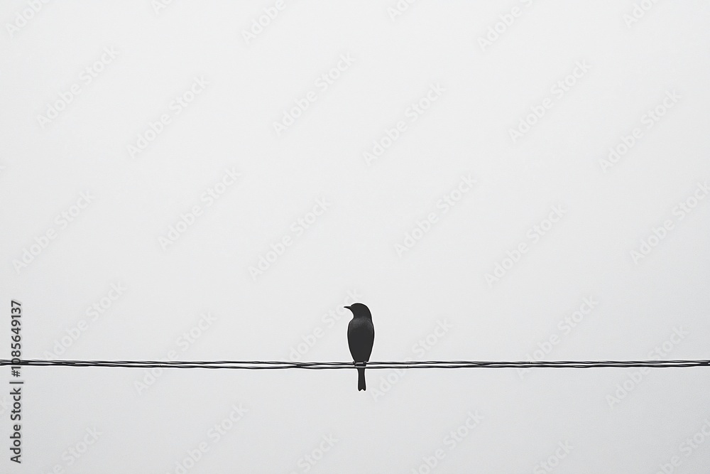 Solitary Bird on a Wire Against a Misty Background Solitary Bird on a Wire Against a Misty Background