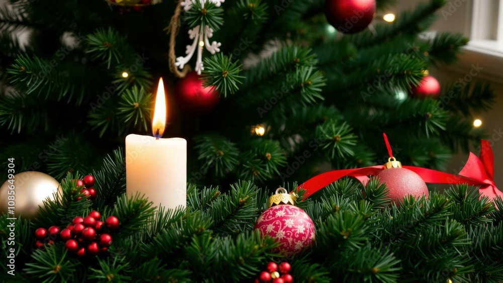 Experience the Warmth of Christmas with a Beautifully Decorated Tree, Lit Candles, and Festive Ornaments Experience the Warmth of Christmas with a Beautifully Decorated Tree, Lit Candles, and Festive Ornaments