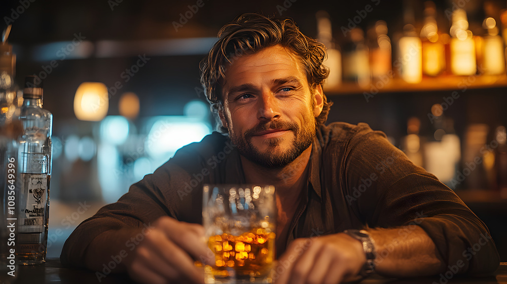 A man sitting alone at a dimly lit bar holding a glass, reflecting a moment of solitude and contemplation, capturing the mood of loneliness or introspection in a relaxed, intimate setting, emphasizing A man sitting alone at a dimly lit bar holding a glass, reflecting a moment of solitude and contemplation, capturing the mood of loneliness or introspection in a relaxed, intimate setting, emphasizing