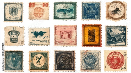 Postage stamp png element set, transparent background