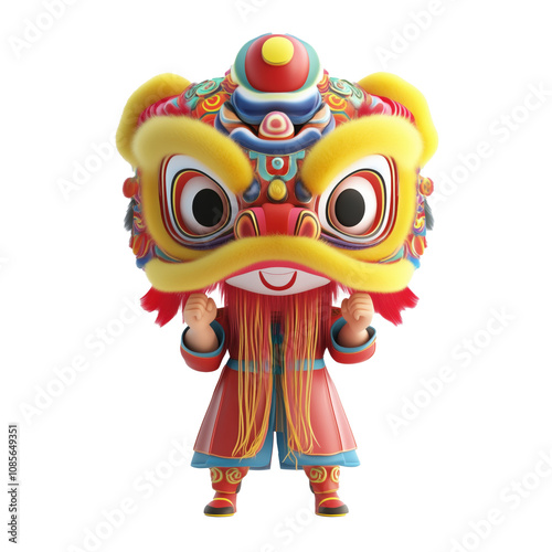 A 3D character in Chinese New Year attire, holding a colorful lion dance head against.