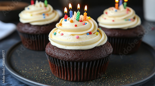 Delicious chocolate cupcakes topped with creamy icing and colorful candles, perfect for celebrations and birthdays. festive atmosphere is enhanced by vibrant sprinkles