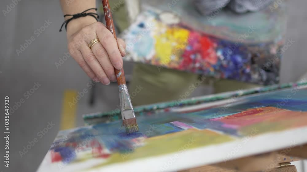 Artist starts painting on canvas at art workshop Artist starts painting on canvas at art workshop