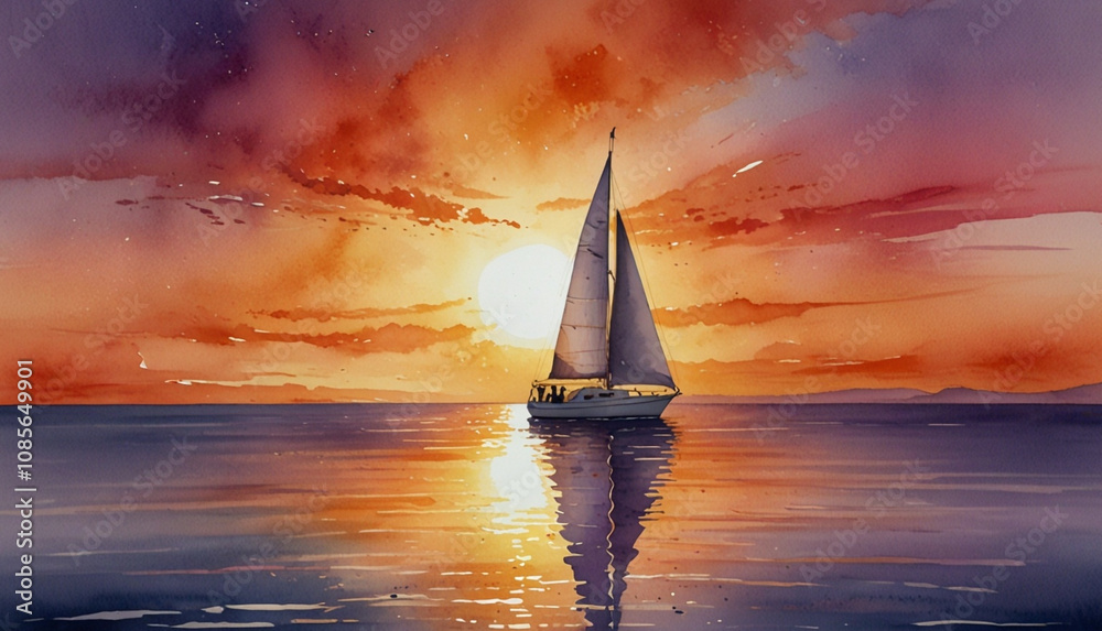 Fototapeta premium A serene watercolor painting of a boat sailing on a calm sea during vibrant sunset. The sky is filled with warm hues of orange, pink, and purple, reflecting off the water, casting a golden glow.