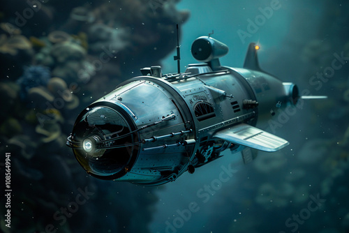 Beautiful large bathyscaphe floating in middle of ocean during exploration photo