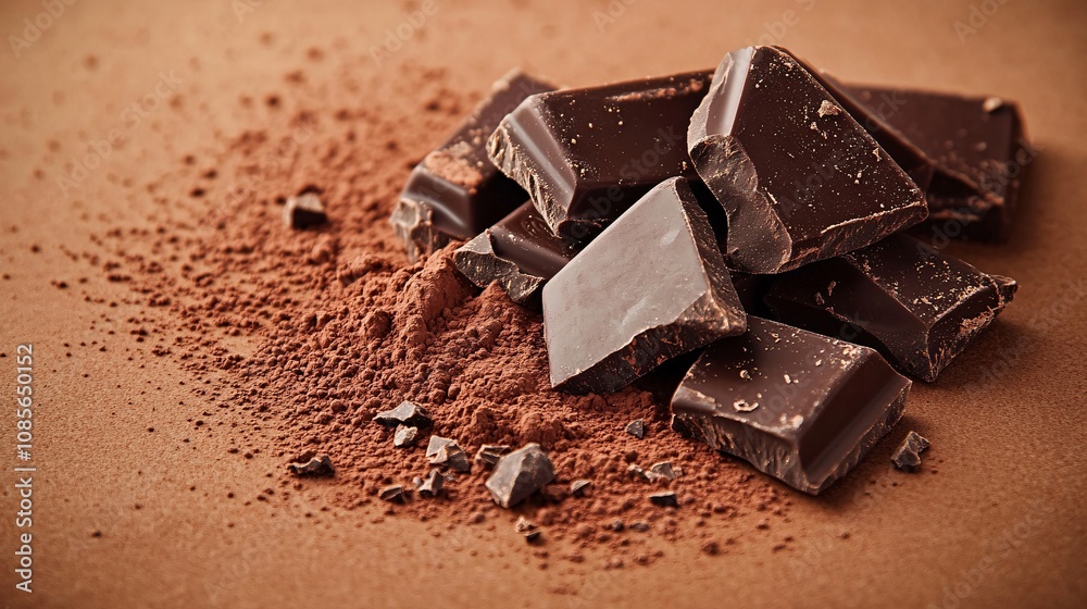 Rich Dark Chocolate Pieces and Cocoa Powder on a Brown Rustic Surface, Perfect for Culinary Arts, Dessert Recipes, or Sweet Treat Concepts Rich Dark Chocolate Pieces and Cocoa Powder on a Brown Rustic Surface, Perfect for Culinary Arts, Dessert Recipes, or Sweet Treat Concepts
