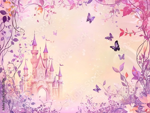Fairy Tale Themed Frame with Castle Turrets Vines and Butterflies on Soft Pink and Purple Background