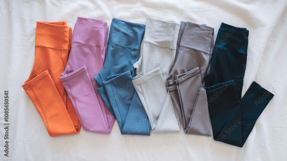 A vibrant collection of athletic leggings in various colors, arranged neatly on a light background, showcasing stylish activewear options. A vibrant collection of athletic leggings in various colors, arranged neatly on a light background, showcasing stylish activewear options.