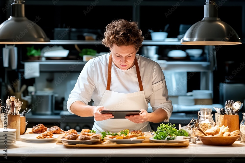 Chef perfecting culinary presentation in modern kitchen with digital tablet Chef perfecting culinary presentation in modern kitchen with digital tablet