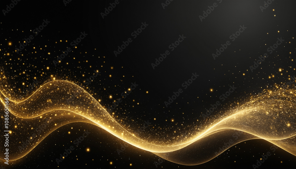 Futuristic glowing gold waves made of particles and light, with sparkling dots and star-like highlights, set against a dark gradient background Futuristic glowing gold waves made of particles and light, with sparkling dots and star-like highlights, set against a dark gradient background