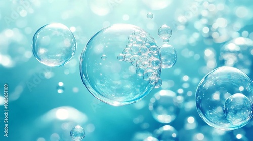 Dreamy soap bubbles in varying sizes floating in vivid blue background, creating serene and peaceful atmosphere.