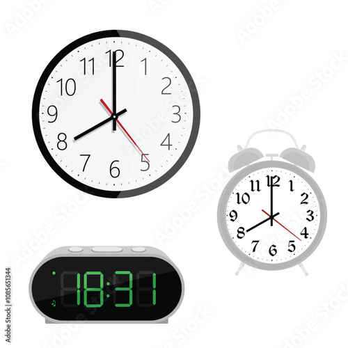 Alarm, digital electronic clock and wall mounted clock