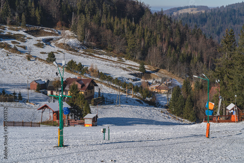 Ski resort in polish mountains before winter season. First snow in late autumn. Przelecz Salmopolska photo