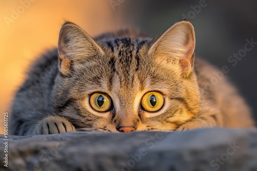 Close-up of a curious tabby cat in an autumn field.. Beautiful simple AI generated image