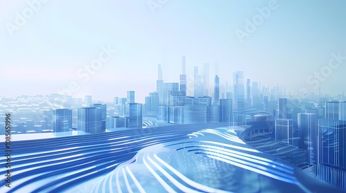Digital technology Blue and white future city glass building poster background