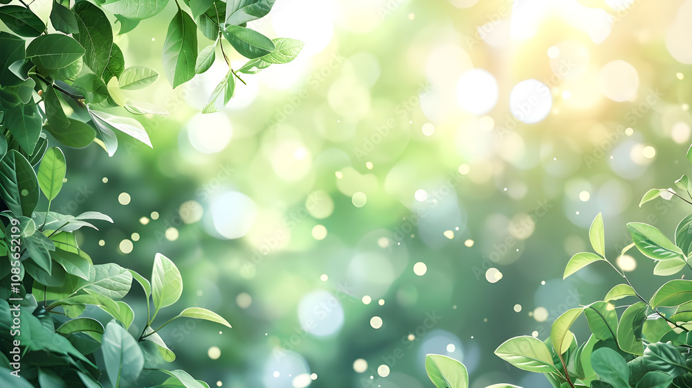 Fresh green leaves frame a sunlit backdrop, filled with bokeh effects. A serene and natural scene