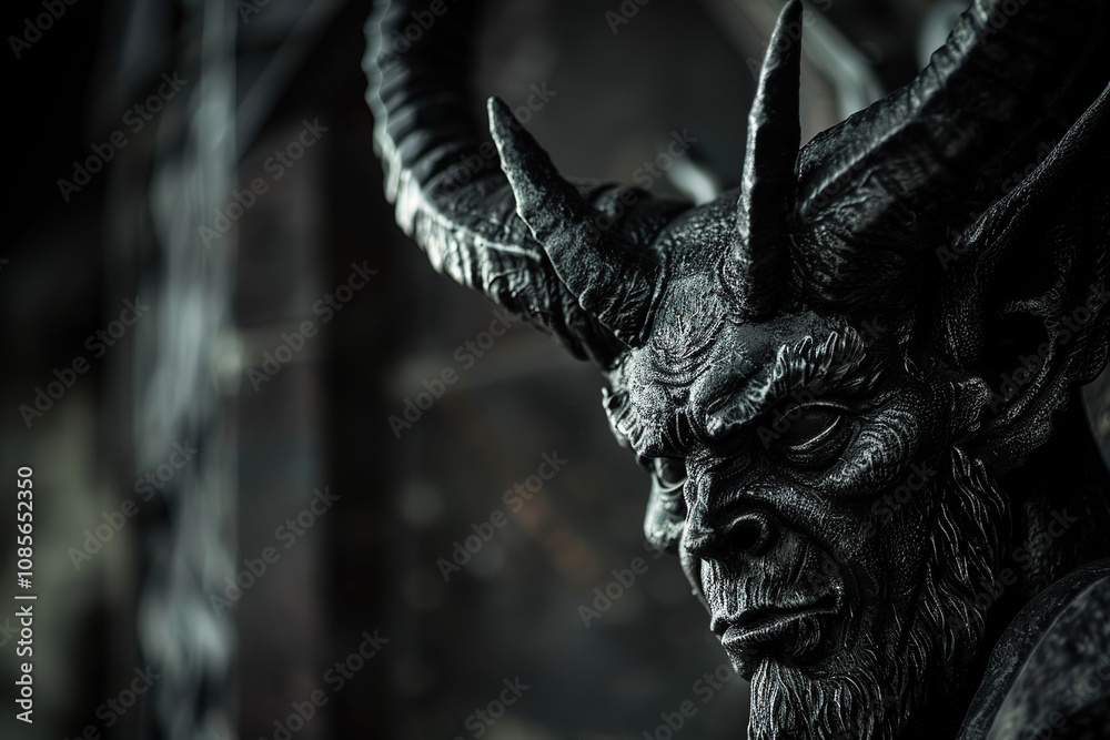 Scary sinister devil is in hell with dramatic fire lighting Scary sinister devil is in hell with dramatic fire lighting