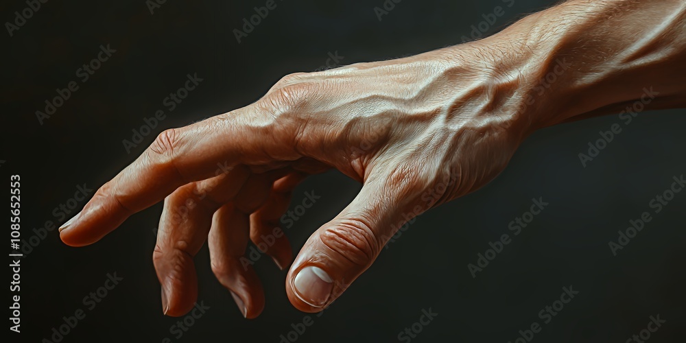 Fototapeta premium A Detailed Close-Up of a Human Hand Reaching out Against a Dark Background, Showcasing the Textures and Veins of the Skin in Natural Light