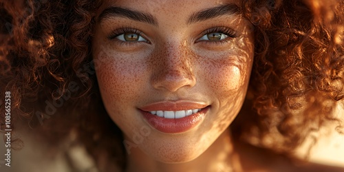 A Young Woman With Curly Hair and Freckles Smiles Warmly Against a Soft Background Filled With Natural Light During a Sunny Day