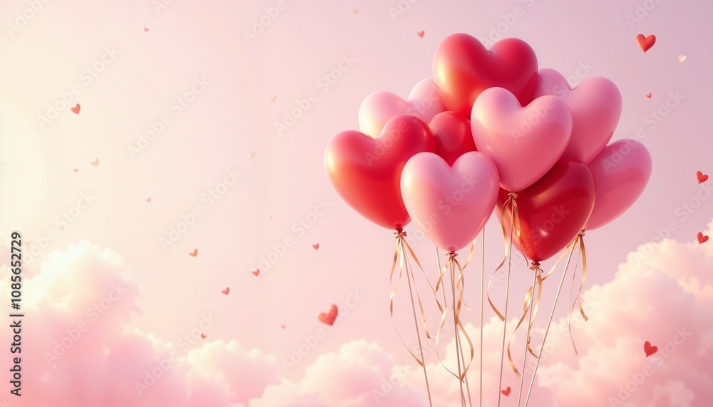 Heart-shaped pink and red balloons floating above clouds Heart-shaped pink and red balloons floating above clouds