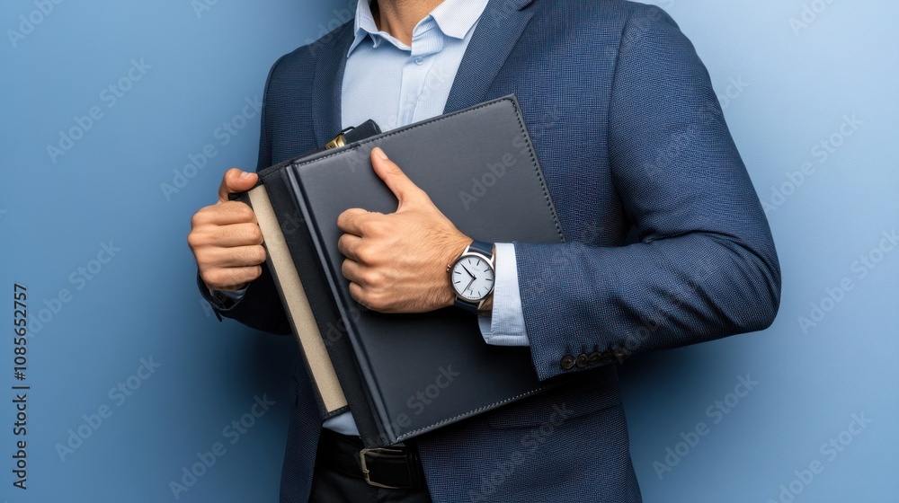 Professional man in a suit holding a binder against a blue backdrop. Professional man in a suit holding a binder against a blue backdrop.
