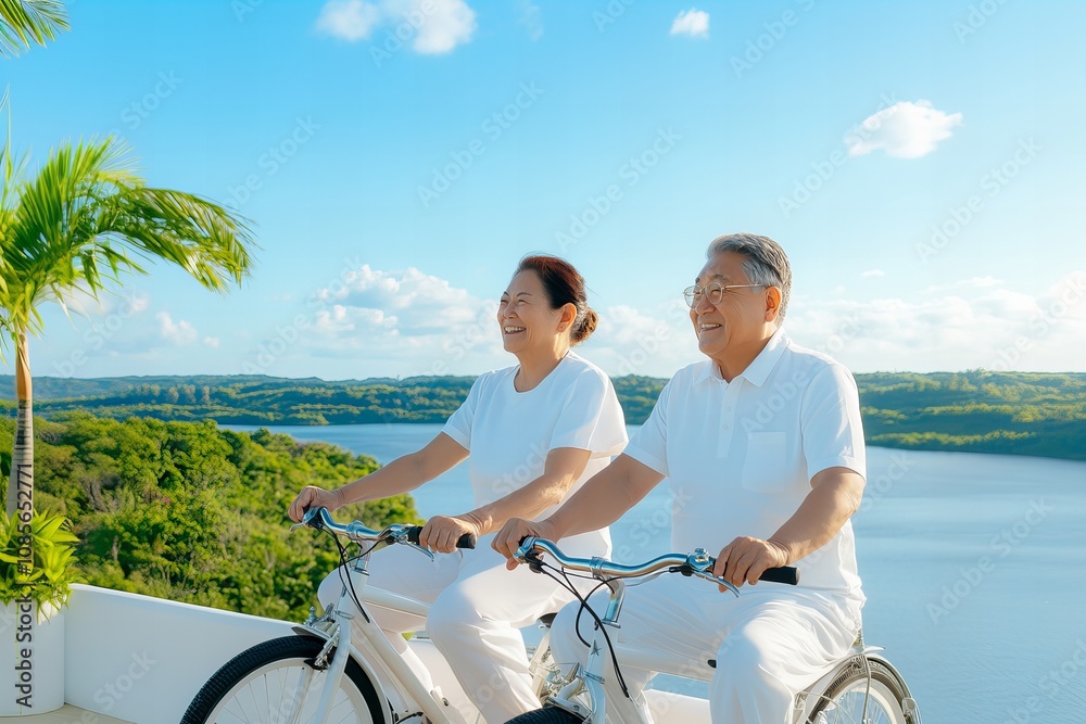 Happy senior couple riding bicycles outdoors in sunny nature Happy senior couple riding bicycles outdoors in sunny nature