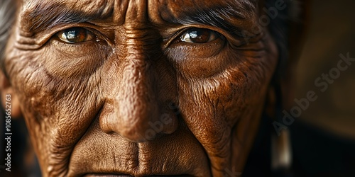 Elderly Native American Man With Deep Wrinkles and Piercing Eyes Showcasing Wisdom and Cultural Heritage in a Warm, Natural Setting During Golden Hour