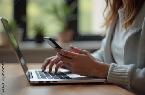 A young female freelancer holds a mobile phone in her hands, uses a smartphone. A laptop is nearby. The concept of business, wireless technologies. Text input, online payment. Startup support.