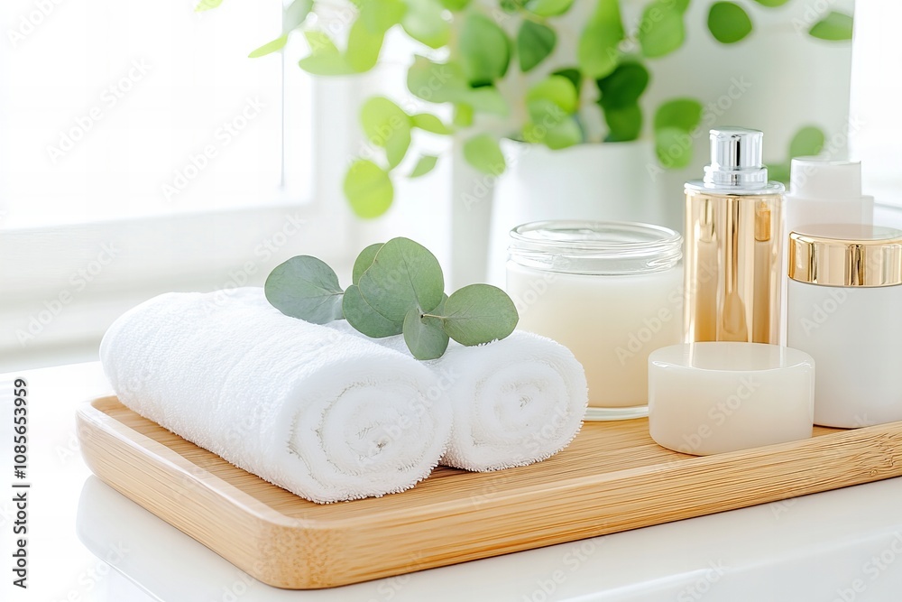 Luxurious spa setting with towels, candles, and eucalyptus on wooden tray Luxurious spa setting with towels, candles, and eucalyptus on wooden tray