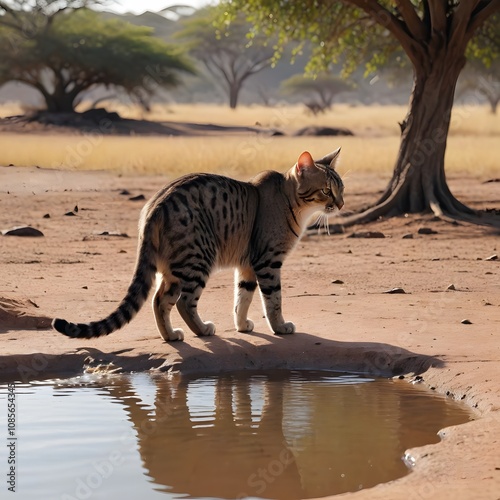 A Serene African Wildcat by a Waterhole:  Sun-Drenched Savannah Landscape Featuring a Striking Sand Cat in its Natural Habitat, Exhibiting its Grace and Beauty under the Warm Light of Day