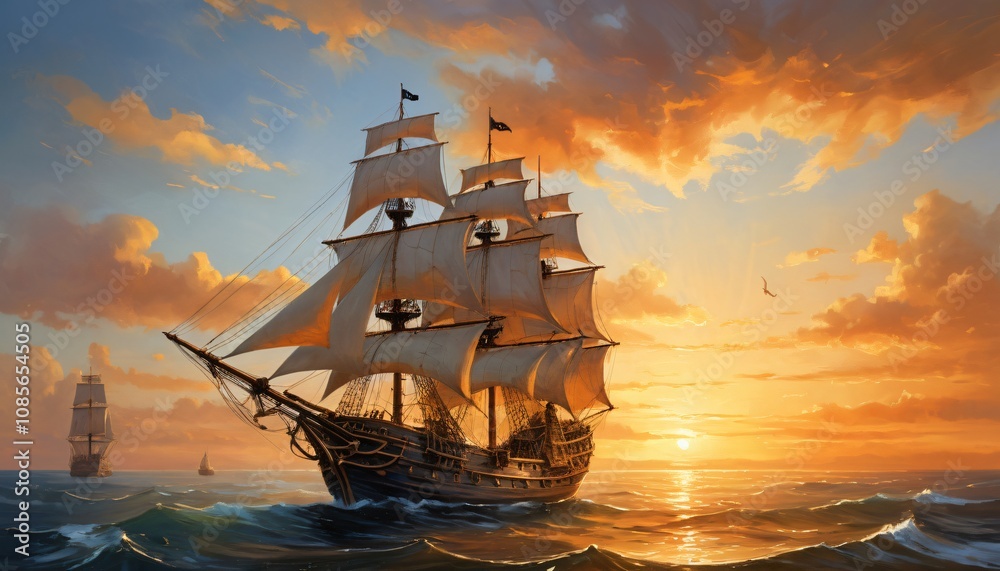 Obraz premium The sun is lowering in the background as a big ship navigates the sea. Landscape paintings of the sea.