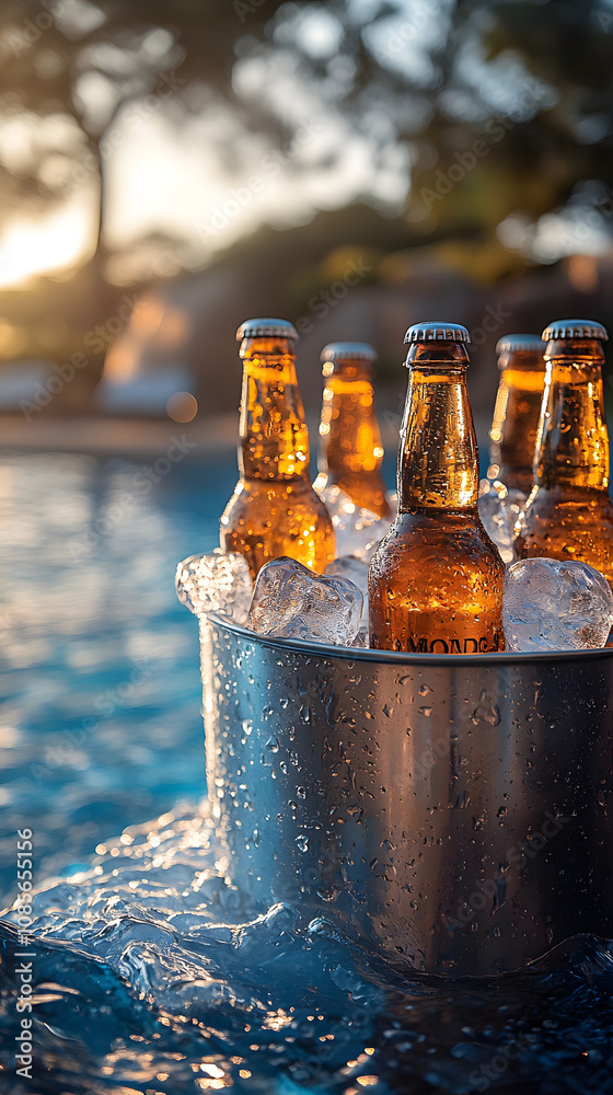A metal ice bucket filled with beer bottles and ice cubes, ready for a refreshing drink, symbolizing relaxation and enjoyment, perfect for social gatherings, barbecues, and celebrations, capturing the A metal ice bucket filled with beer bottles and ice cubes, ready for a refreshing drink, symbolizing relaxation and enjoyment, perfect for social gatherings, barbecues, and celebrations, capturing the