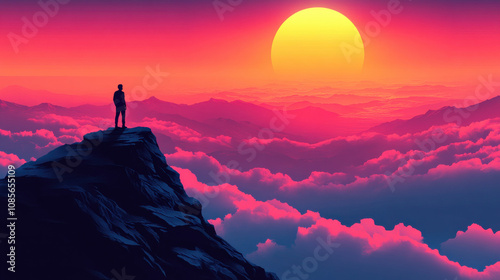 person stands on rocky peak, gazing at vibrant sunset over mountains and clouds, evoking sense of wonder and tranquility