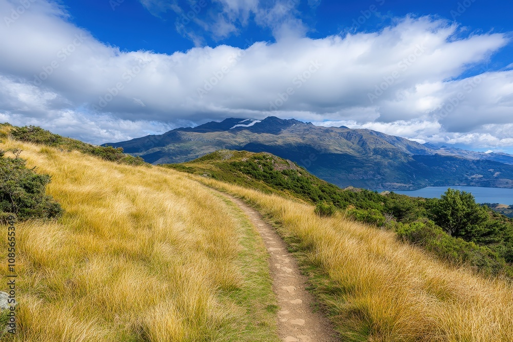 Rocky trail pathway with natural landscape view of snowcapped mountain range with cloudy blue sky- Himalayas ridge, Nepal. Beautiful simple AI generated image Rocky trail pathway with natural landscape view of snowcapped mountain range with cloudy blue sky- Himalayas ridge, Nepal. Beautiful simple AI generated image