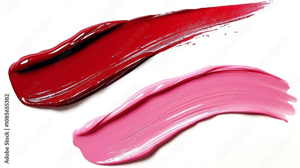 Red and pink lipstick swatches on white background, sleek and glossy with wave shape design aesthetic.