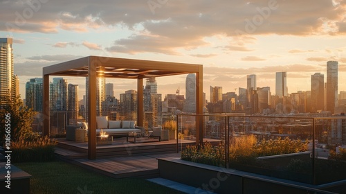 Modern rooftop gazebo with glass railings, overlooking a city skyline, golden hour