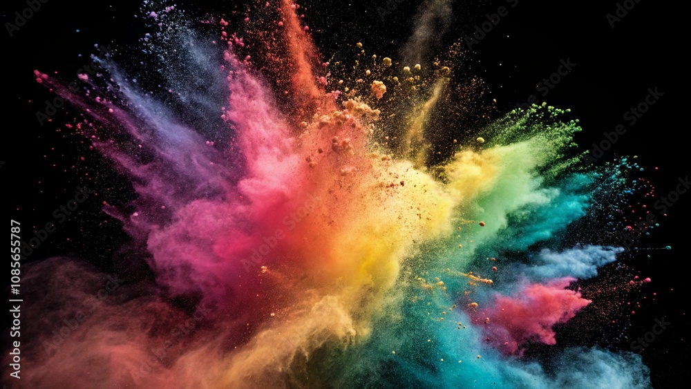 Color powder splash rainbow background paint holi smoke colour . Powder color splash explosion dust ink burst splatter white texture isolated black spray party,Color powder explosion on black .