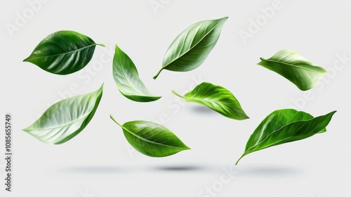 Whimsical Green Leaves in Flight: Varied Shapes and Sizes Create Dynamic Composition on White Background