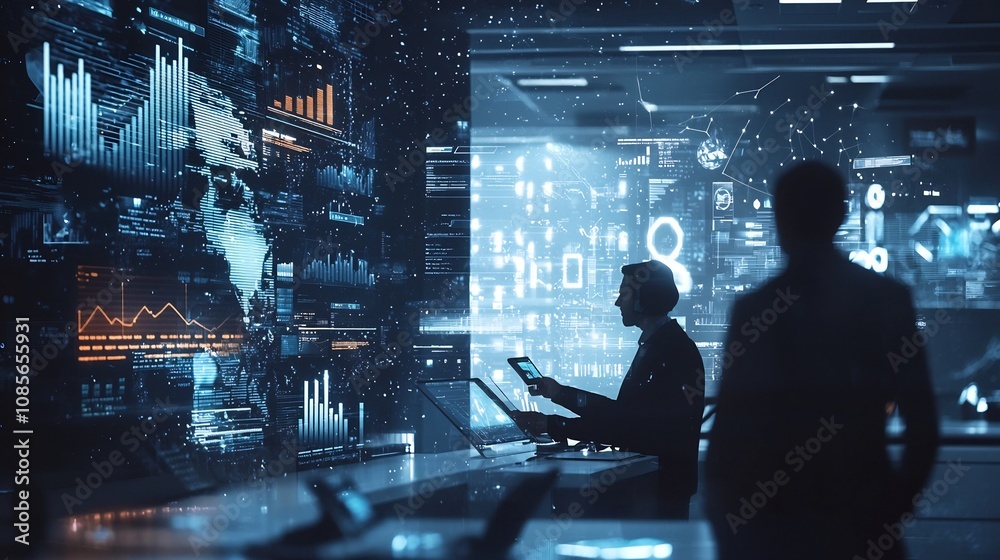 Futuristic Business Service Hub with Holographic Assistants and Digital Data Visualizations Futuristic Business Service Hub with Holographic Assistants and Digital Data Visualizations