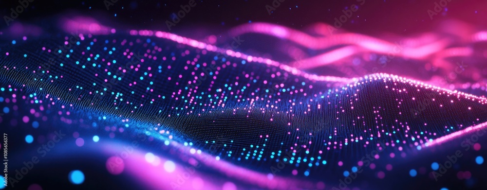 Digital data background with glowing neon lights and colorful dots on a dark purple-blue gradient. Digital data background with glowing neon lights and colorful dots on a dark purple-blue gradient.