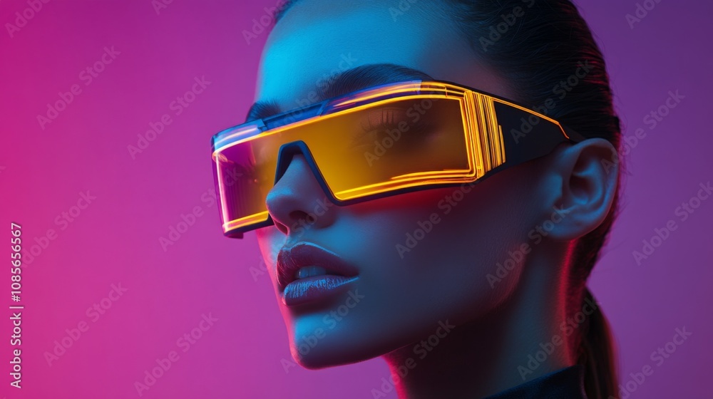 Stylish woman in vibrant yellow glasses with glowing accents Stylish woman in vibrant yellow glasses with glowing accents
