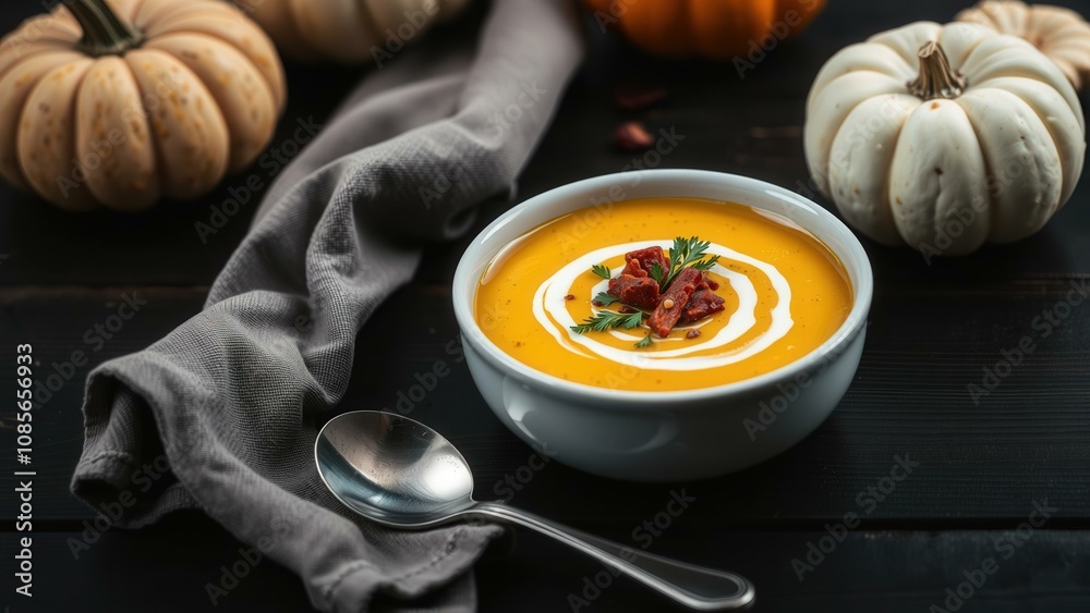 Warm Autumn Delight: Creamy Pumpkin Soup with Bacon and Coconut Cream, Perfect for Cozy Fall Meals Warm Autumn Delight: Creamy Pumpkin Soup with Bacon and Coconut Cream, Perfect for Cozy Fall Meals