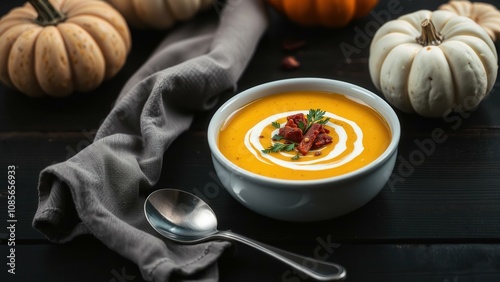 Warm Autumn Delight: Creamy Pumpkin Soup with Bacon and Coconut Cream, Perfect for Cozy Fall Meals photo