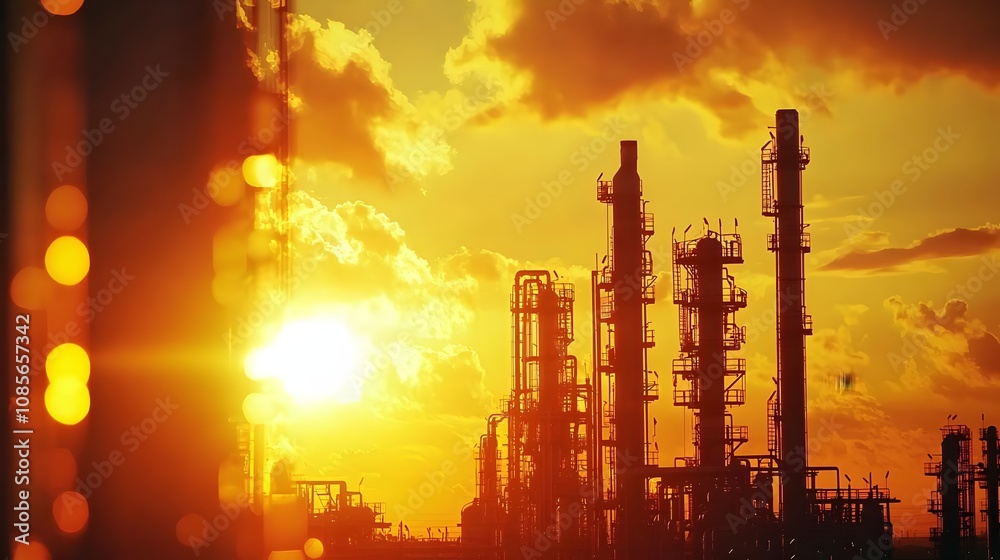 Obraz premium Petrochemical Plant at Sunset with Glowing Pipes
