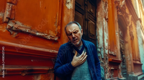 A middle-aged man, thinking he is having a heart attack, touches the area where the pain is with his hand. his face contorted in pain. Shot in soft sunlight