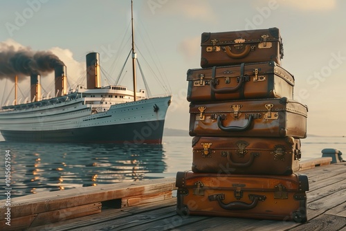 Historic luggage stacked on a dock with a large ocean liner in the background during sunset
