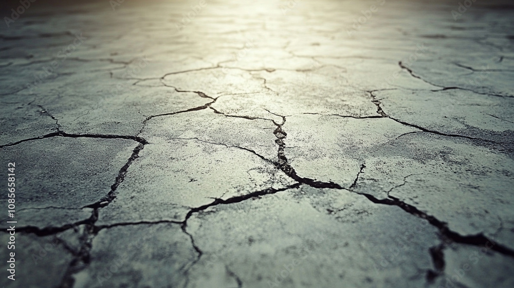 Obraz premium grungy asphalt road, cracked and weathered, symbolizing a journey, resilience, and the passage of time. The rough surface adds depth to the theme of life's challenges and struggles