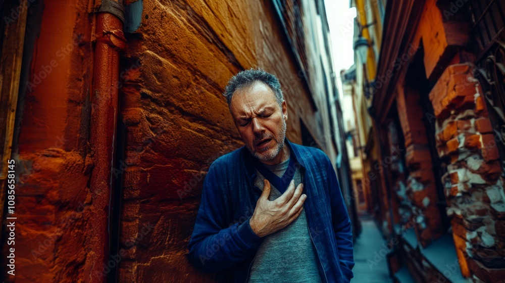 Naklejka premium senior man felt severe pain in the heart area while walking and doing sports, standing in the park and holding his chest with his hands.