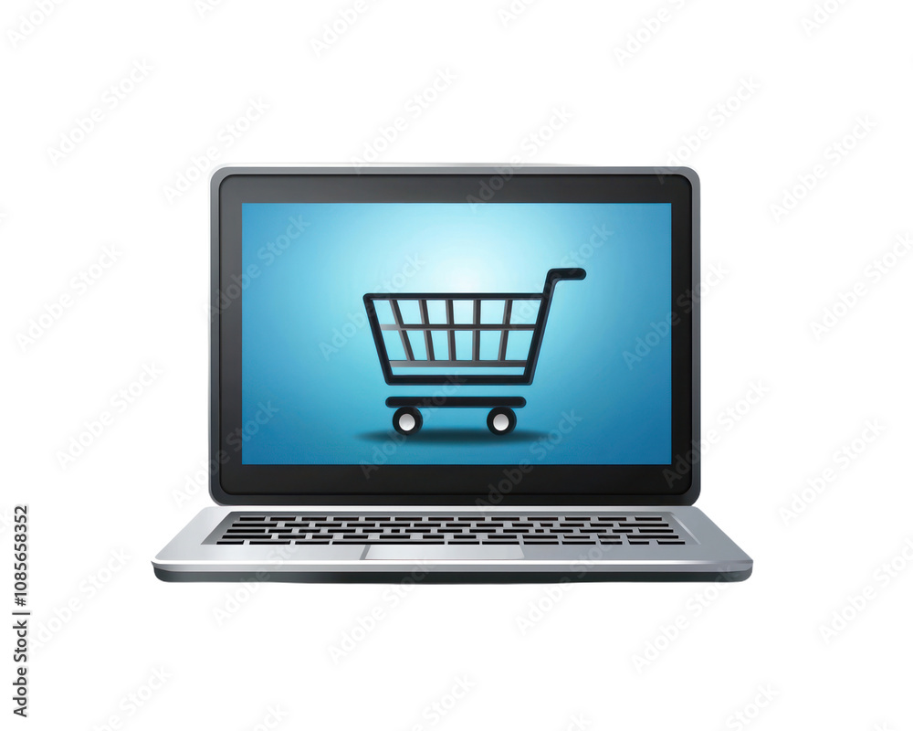 Laptop screen shows a shopping cart on a blue background. Isolated on a transparency background Laptop screen shows a shopping cart on a blue background. Isolated on a transparency background